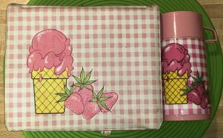 Vintage Aladdin Pink Gingham Vinyl Lunch Box W/thermos Strawberry Ice Cream
