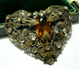 Huge Vintage Jewellery Art Deco Czech Filigree Citrine Crystal Dress Clip Brooch 2
