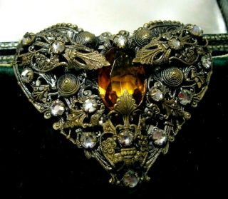 Huge Vintage Jewellery Art Deco Czech Filigree Citrine Crystal Dress Clip Brooch 3