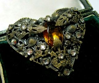Huge Vintage Jewellery Art Deco Czech Filigree Citrine Crystal Dress Clip Brooch 4