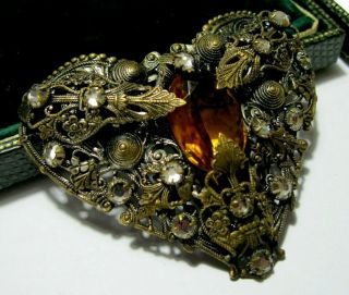 Huge Vintage Jewellery Art Deco Czech Filigree Citrine Crystal Dress Clip Brooch 7