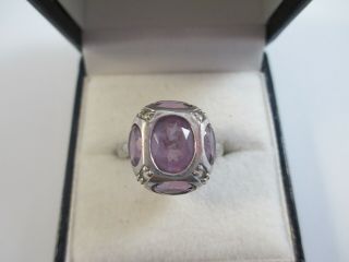 Very Unusual Vintage Sterling Silver Ring Set With 5 Amethysts Uk Size N1/2 5g