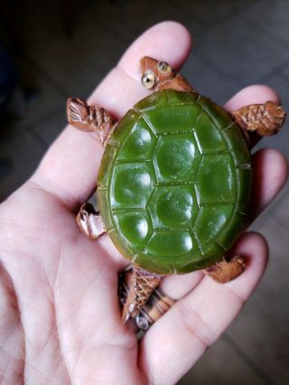 Vintage Carved Wood Green Bakelite Turtle Figural Pin Brooch
