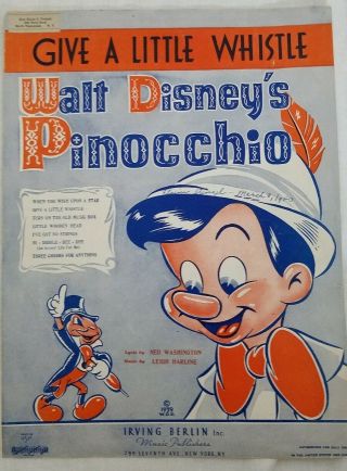Vtg 1940 Walt Disneys Pinocchio Cartoon Movie Give A Little Whistle Sheet Music