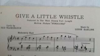 VTG 1940 WALT DISNEYS PINOCCHIO CARTOON MOVIE GIVE A LITTLE WHISTLE SHEET MUSIC 2