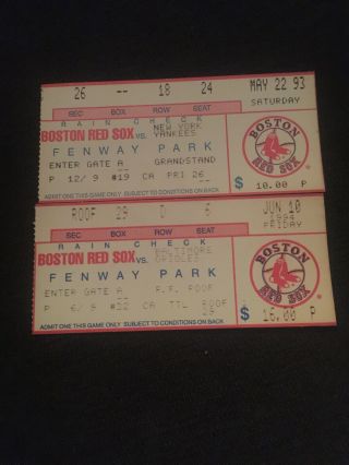 2 Vintage Boston Red Sox Ticket Stubs Fenway Park.  1990’s