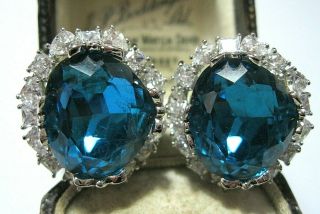 Vintage Jewellery Art Deco Revival Big Aqua Crystal Rhinestone Earrings Pierced