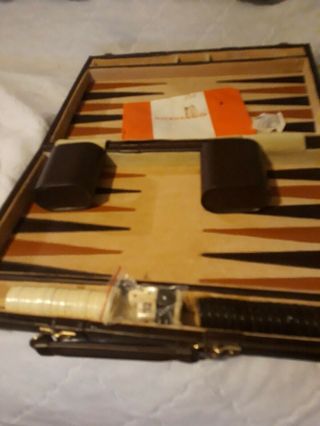 Vintage Backgammon Set In Case Complete Checkers,  Dice,  Shakers Brown