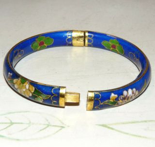 Vintage Chinese Blue Enamel Cloisonne Flower Hinged Bangle Bracelet H144