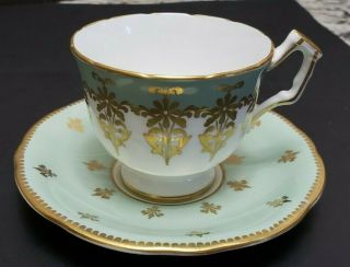 Vintage Aynsley Footed Cup And Saucer Teal Green And 24kt Gold Gilt Design