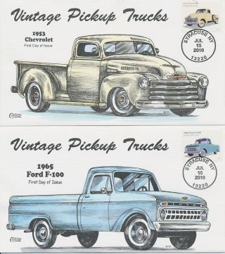 5101 - 4 Vintage Pickup Trucks set of 4 Hand Painted Fred Collins cachet First Da 2