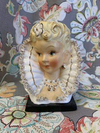 Vintage Blonde Lady Head Vase Ucago With White Elizabethan Collar