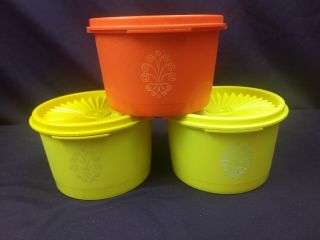 Set Of 3 Vintage Tupperware Servalier Canisters W Lids Yellow Green Orange 1297