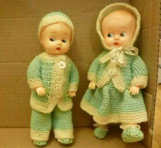 Vintage Irwin Kewpie Dolls 8 " Hard Plastic Green Crochet Outfits