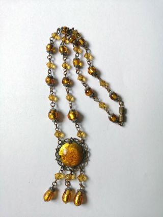 Vintage Jewellery Art Deco Gold Foil Glass Beads Pendant Necklace