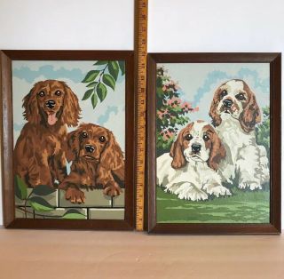 2 Vtg 50s Paint By Number Cute Dog Puppies Paintings 15”x11”