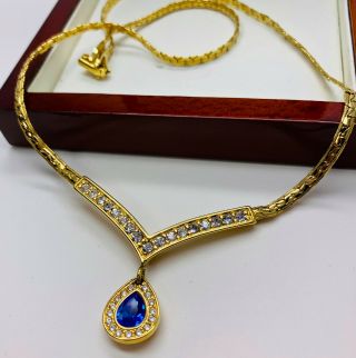 Vintage Jewellery Signed Monet Sapphire/clear Crystal Drop Necklace
