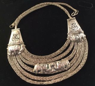 Vintage Jewellery Wonderful Tibetan Silver Elephants Triple Strand Necklace