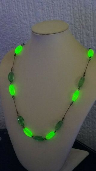 Czech Oval Green Glass Bead Necklace With Glass Uranium Beads Vintage Deco Style