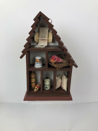 Vintage Small Wooden House Shaped Shadow Box Miniature Shelf With Trinkets