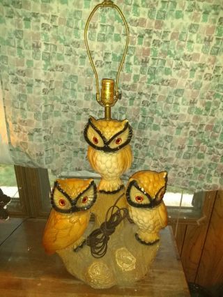 Vintage 1970s Ceramic Owl Lamp W/glass Eyes