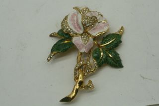 Vintage Large Signed Coro Enamel Rhinestone Flower Pin Brooch