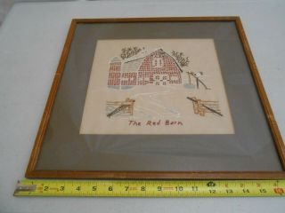 Vintage Framed Needlework Hand Embroidered " The Red Barn " Picture Mid Century