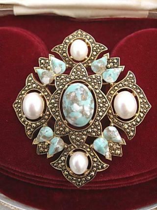 Vintage Signed Mottled Turquoise Glass & Faux Pearl Cabochon Brooch/pin/pendant
