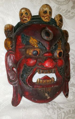 Japanese Vintage Wooden Mask Red Devil Demon Skulls Asian Hand Carved
