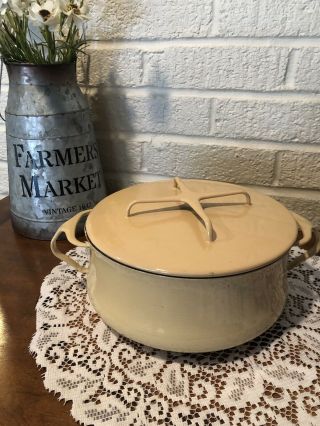Vintage Round Dansk Kobenstyle Denmark Pale Yellow Enamel Dutch Oven Pot 3 Quart