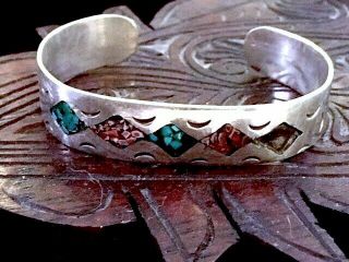 Vintage Navajo 925 Sterling Silver Turquoise Coral Inlay 5.  5 " Cuff Bracelet 20g