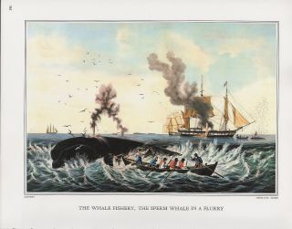 1972 Vintage Currier & Ives Fishing " Sperm Whale Fishery " Color Print Lithograph