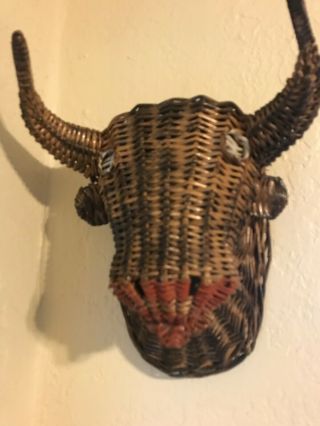 Vintage Wicker Rattan Steer Bull Head Horns Wall Trophy Mcm Cow Bison Buffalo