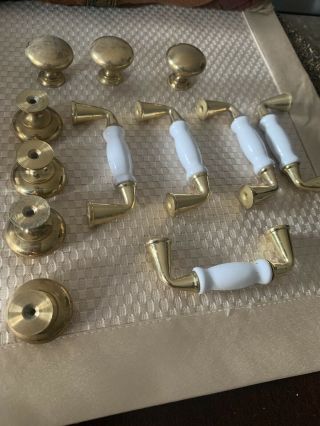 Vintage White Porcelain And Brass Cabinet Door Pulls Handles And Knobs