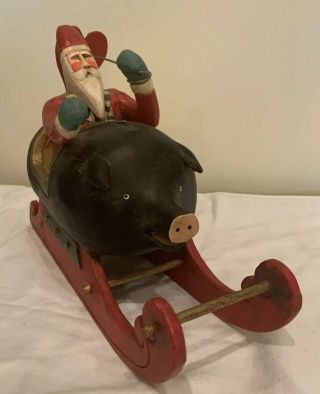Vintage Wood Wooden Rare Folk Art Santa In Pig Sleigh Flying A Kite Christmas