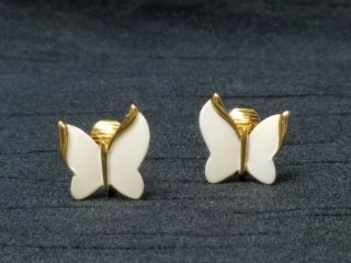 Vtg Signed Crown Trifari White / Gold Enamel Butterfly Earrings Clip On