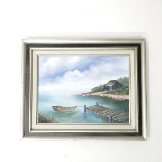 Vintage Framed Signed Oil Painting // Row Boat On Dock // Blues Silver