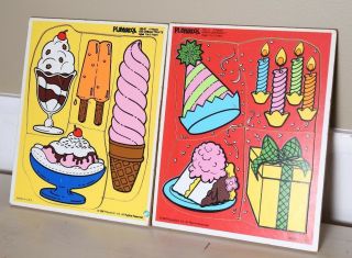 Usa Vintage Playskool 4 Piece Wooden Puzzles Ice Cream & Happy Birthday 1 - 3 Year