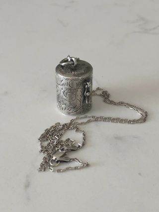 Vintage Small Pill Box / Pot Pendant 925 Silver Necklace Engraved With Chain
