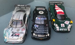 3 Vintage Diecast Race Cars 1:18 Mercedes Dtm2000,  Gtr,  Porsche 911 Gt1 Maisto