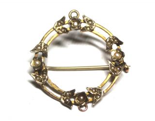 Vintage.  375 9ct Yellow Gold & Pearl Floral Design Round Brooch,  2.  1g - P01