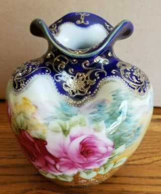 Vintage Hand Painted Nippon Vase Leaf Mark Roses Gold Trim
