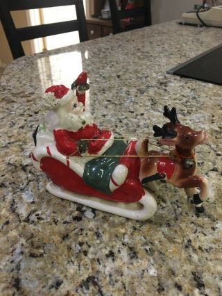 Vintage Kreiss Spaghetti Santa Claus Sleigh Reindeer ceramic figurine Japan 50s 3