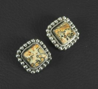 Vintage Taxco Mexico Solid 925 Sterling Silver Earrings Petrified Wood Clip