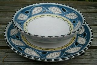 Vtg Elle Norway Pottery Bowl Salad Plate Blue Leaves Ceramic Signed White Yellow