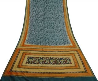 Vintage Sari Floral Printed Craft Fabric Pure Silk Gray Saree 5yd.