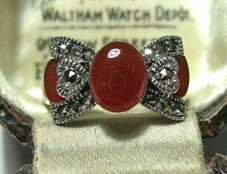 Vintage Style Art Deco Sterling Silver Marcasite Red Onyx Ring Size N 6.  75