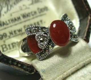 Vintage Style Art Deco Sterling SILVER Marcasite Red Onyx RING Size N 6.  75 2