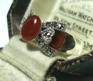 Vintage Style Art Deco Sterling SILVER Marcasite Red Onyx RING Size N 6.  75 3