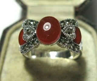 Vintage Style Art Deco Sterling SILVER Marcasite Red Onyx RING Size N 6.  75 4